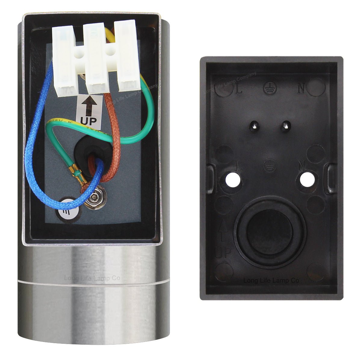 Modern single GU10 wall light in stainless steel with IP65 protection for exterior property lighting