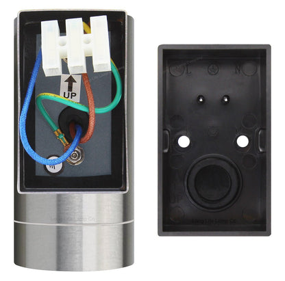 Modern single GU10 wall light in stainless steel with IP65 protection for exterior property lighting