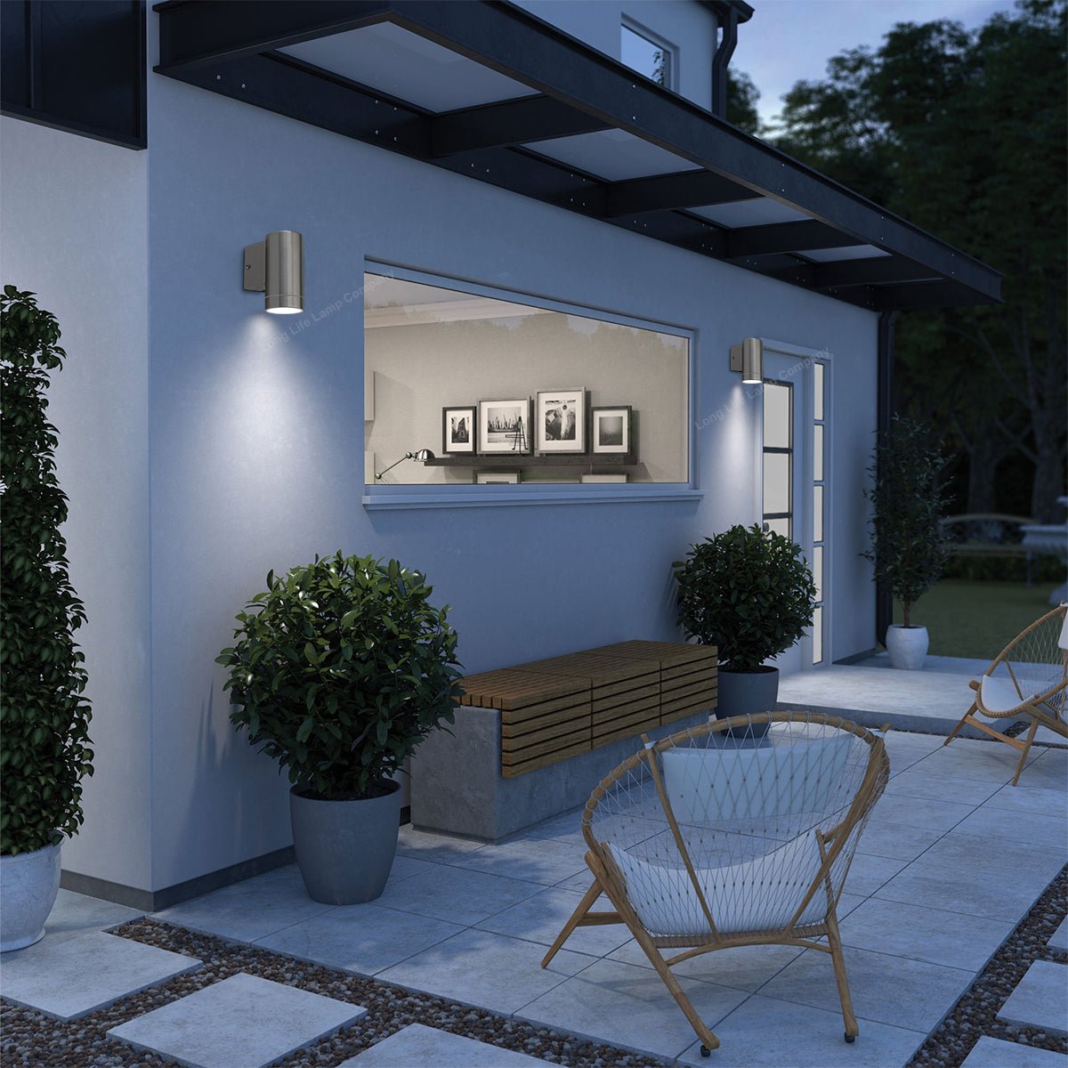 Compact outdoor stainless steel wall light with GU10 LED and downward beam for practical exterior lighting