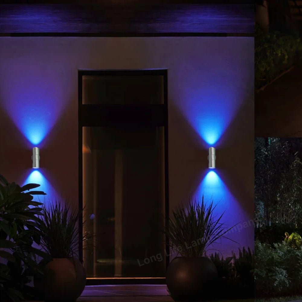 Decorative outdoor twin wall light with coloured up and down LED lighting for modern exterior spaces