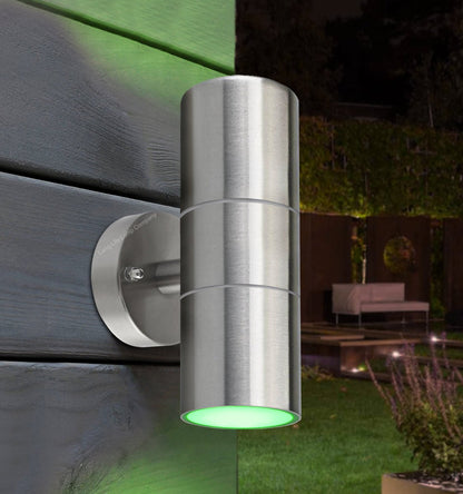 Cylindrical twin LED wall light with coloured beams and IP65 weatherproof outdoor construction