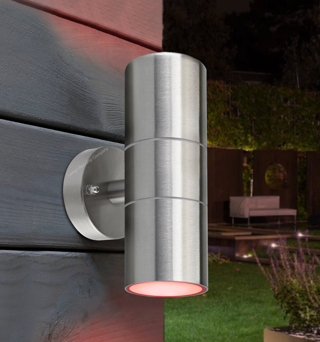 Contemporary outdoor wall light with red green or blue LED up and down lighting for exterior walls