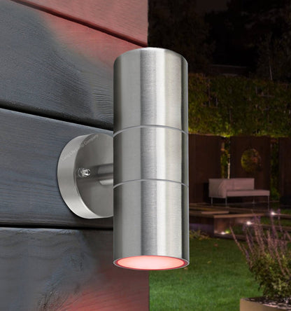 Contemporary outdoor wall light with red green or blue LED up and down lighting for exterior walls