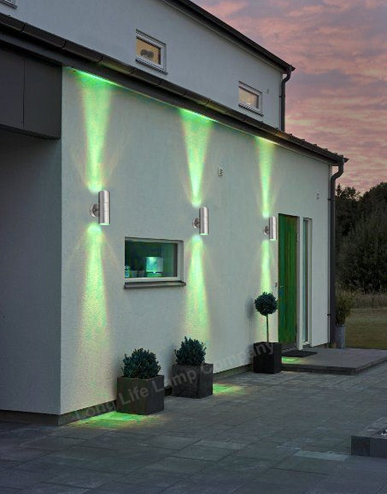 Weatherproof IP65 coloured LED twin wall light with finish for patios pathways entrances and gardens