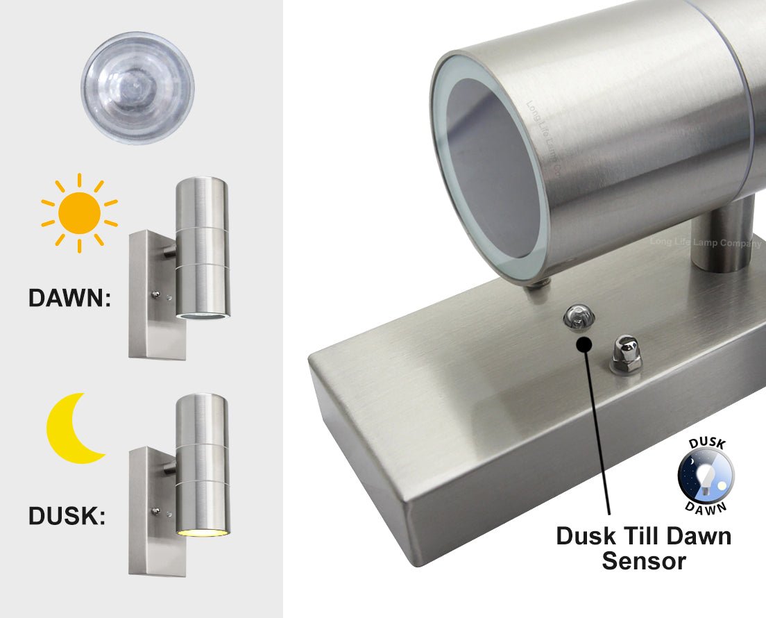Outdoor Up Down Wall Light Dusk Till Dawn Sensor Stainless Steel Finish - Energy Light Bulbs - Free delivery on all orders