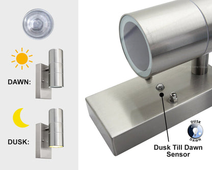 Outdoor Up Down Wall Light Dusk Till Dawn Sensor Stainless Steel Finish - Energy Light Bulbs - Free delivery on all orders