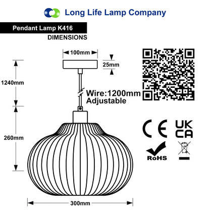 Oval Globe Ceiling Pendant Light Ribbed Opal Glass Lamp Shade K416 - Free delivery on all orders