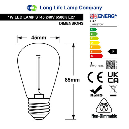 Pack of 2 LED Filament Light Bulb 1w E27 Edison Screw Cool White Decorative Festoon Lamp - Free delivery on all orders