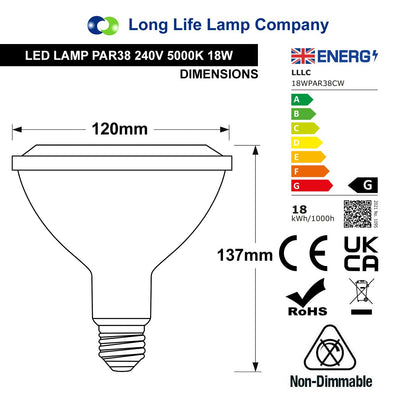 PAR38 18w Cool White 60 Degree Beam - Energy Light Bulbs - Free delivery on all orders