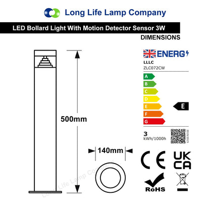 PIR LED Bollard Garden Lamp Post Stainless Steel Outdoor PIR Ground Light - Energy Light Bulbs - Free delivery on all orders