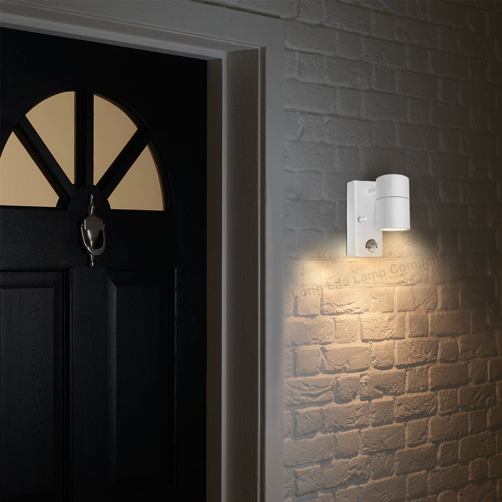 PIR Matt White Stainless Steel Single Outdoor Down Wall Light Movement Sensor - Energy Light Bulbs - Free delivery on all orders