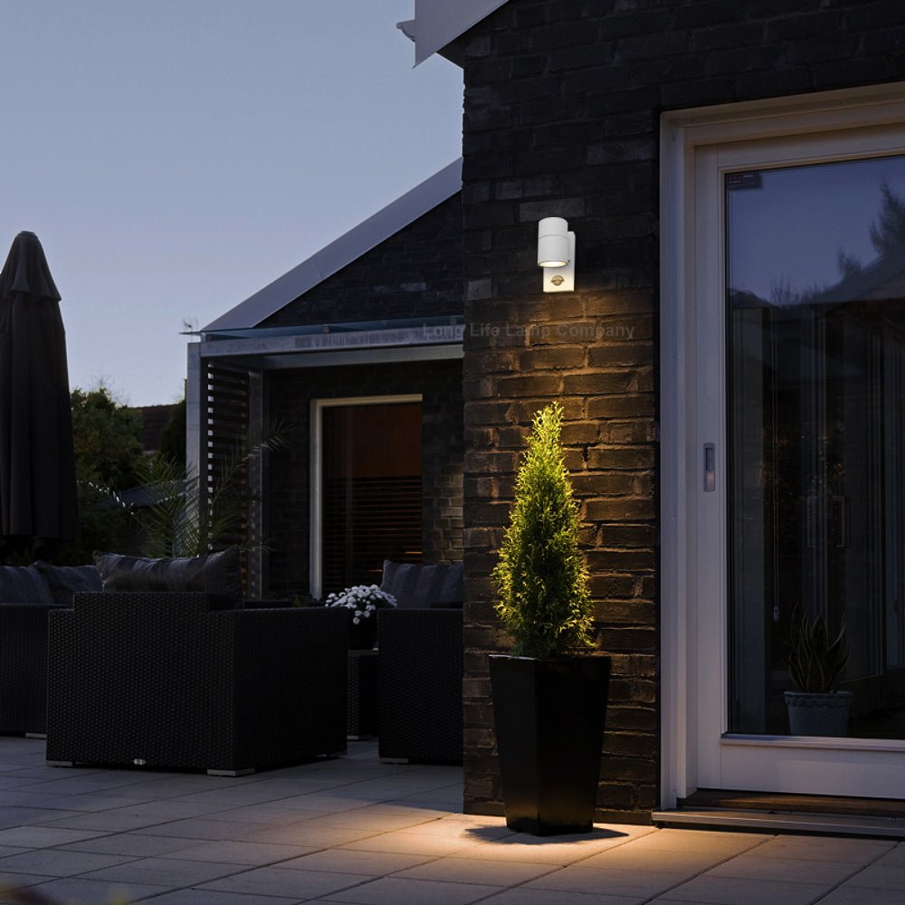 PIR Matt White Stainless Steel Single Outdoor Down Wall Light Movement Sensor - Energy Light Bulbs - Free delivery on all orders