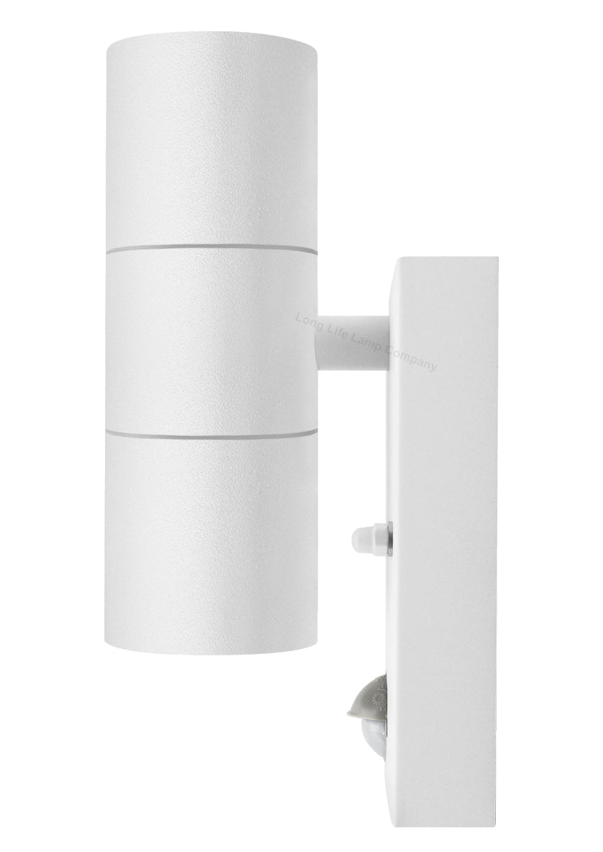 PIR Matt White Up Down Stainless Steel Outdoor Wall Light with Movement Sensor - Energy Light Bulbs - Free delivery on all orders