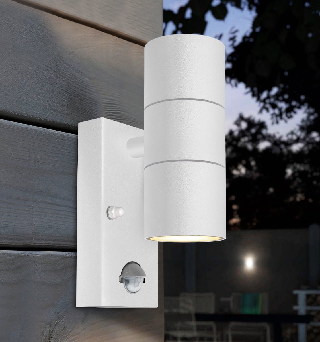 PIR Matt White Up Down Stainless Steel Outdoor Wall Light with Movement Sensor - Energy Light Bulbs - Free delivery on all orders