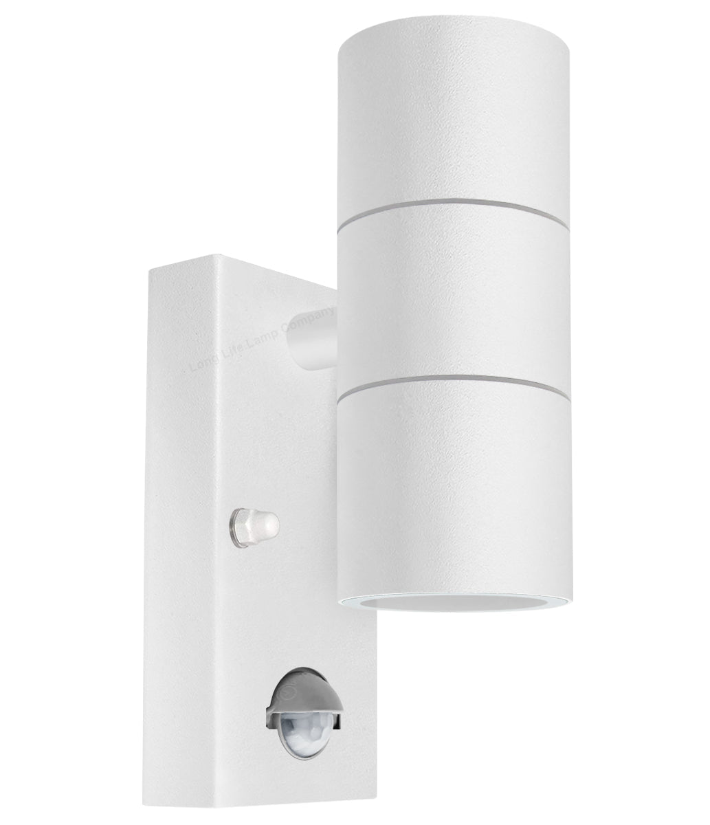 PIR Matt White Up Down Stainless Steel Outdoor Wall Light with Movement Sensor - Energy Light Bulbs - Free delivery on all orders