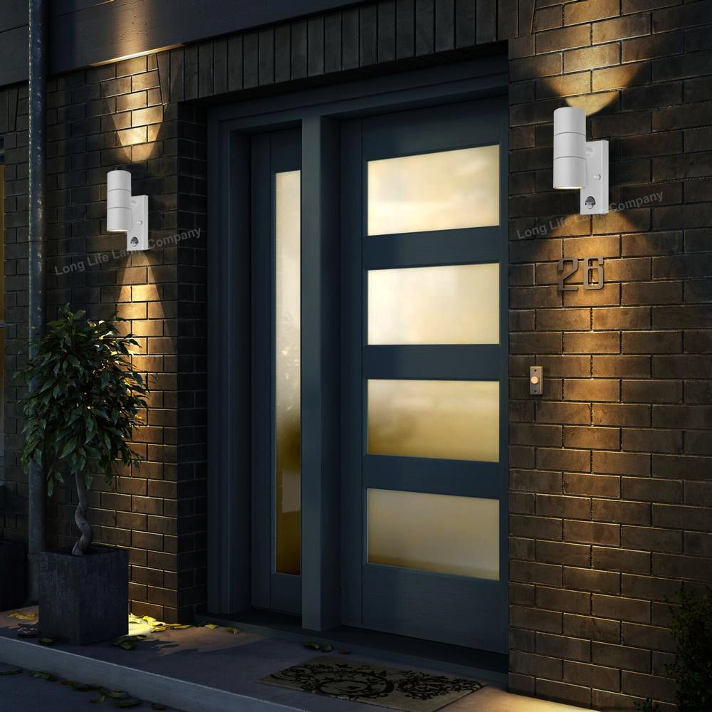 PIR Matt White Up Down Stainless Steel Outdoor Wall Light with Movement Sensor - Energy Light Bulbs - Free delivery on all orders