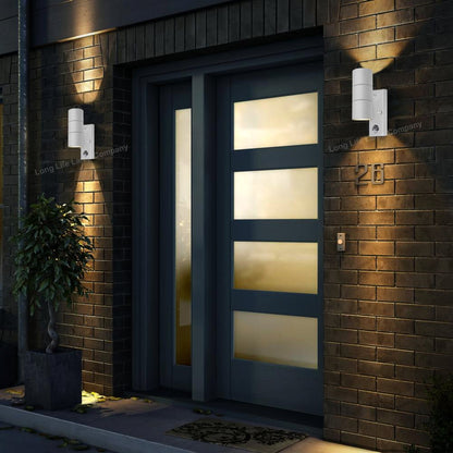 PIR Matt White Up Down Stainless Steel Outdoor Wall Light with Movement Sensor - Energy Light Bulbs - Free delivery on all orders