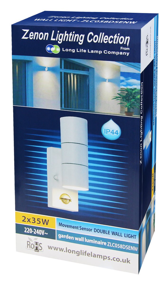 PIR Matt White Up Down Stainless Steel Outdoor Wall Light with Movement Sensor - Energy Light Bulbs - Free delivery on all orders