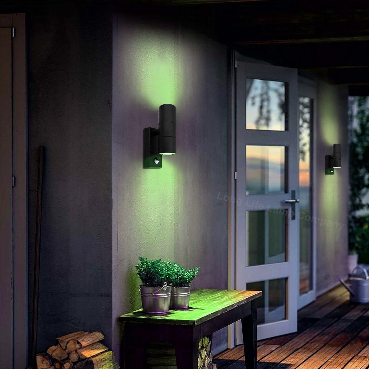 PIR Movement Sensor Outdoor Black Double Wall Light ZLC38DSEN with Coloured LED GU10 Red or Green or Blue - Free delivery on all orders