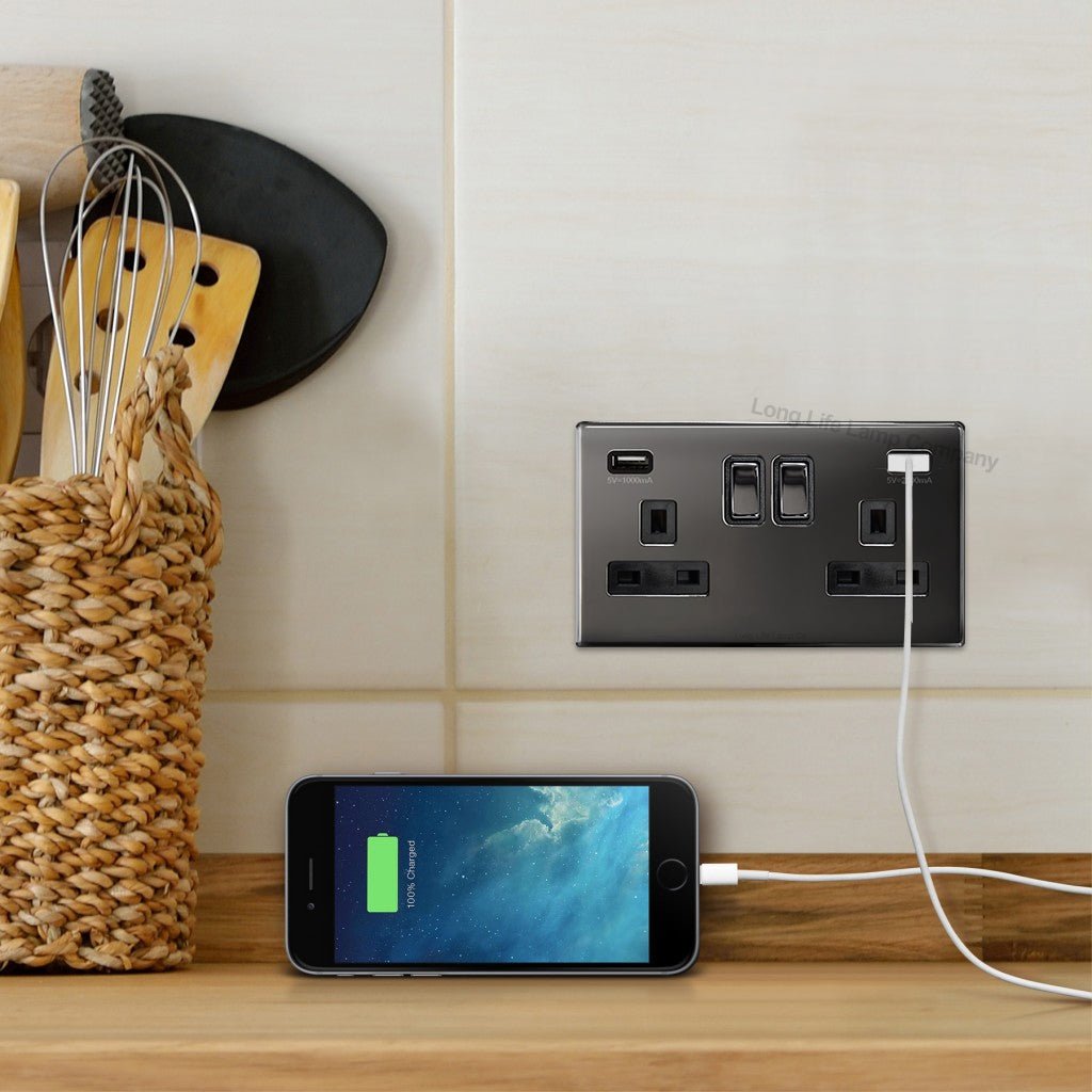 Polished Black Nickel USB Double Wall Plug Socket 2 Gang 13A with 2 USB Charger Port Outlets Plate N776GME - Energy Light Bulbs - Free delivery on all orders