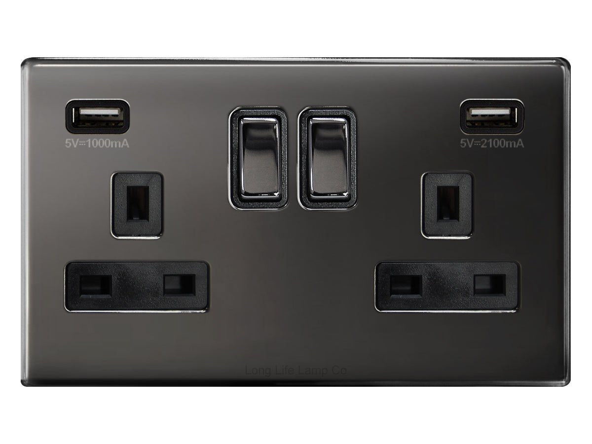 Polished Black Nickel USB Double Wall Plug Socket 2 Gang 13A with 2 USB Charger Port Outlets Plate N776GME - Energy Light Bulbs - Free delivery on all orders