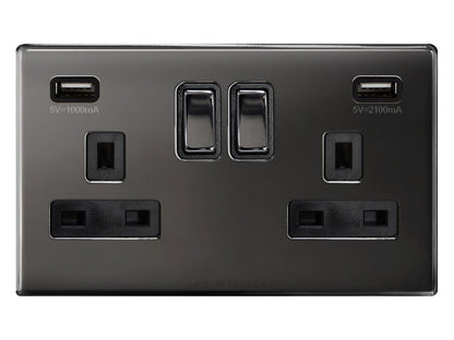 Polished Black Nickel USB Double Wall Plug Socket 2 Gang 13A with 2 USB Charger Port Outlets Plate N776GME - Energy Light Bulbs - Free delivery on all orders