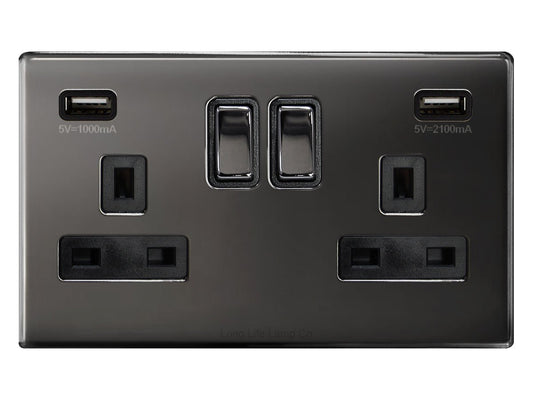Polished Black Nickel USB Double Wall Plug Socket 2 Gang 13A with 2 USB Charger Port Outlets Plate N776GME - Energy Light Bulbs - Free delivery on all orders