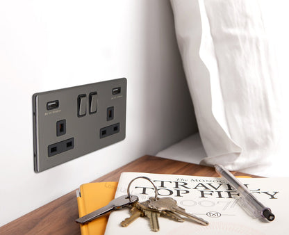 Polished Black Nickel USB Double Wall Plug Socket 2 Gang 13A with 2 USB Charger Port Outlets Plate N776GME - Energy Light Bulbs - Free delivery on all orders