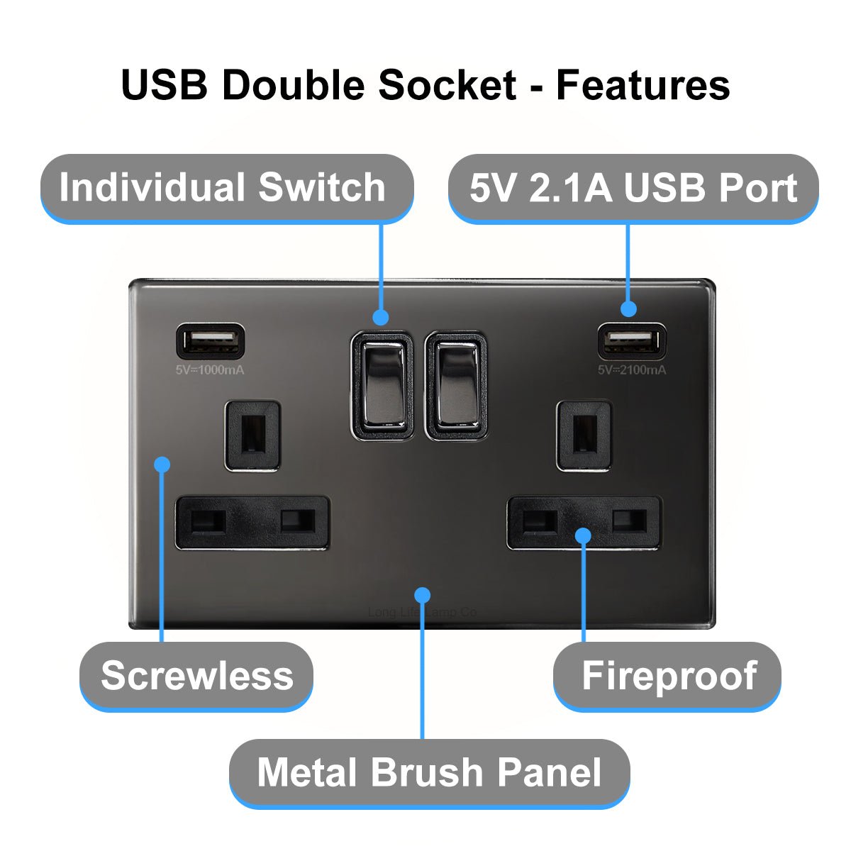 Polished Black Nickel USB Double Wall Plug Socket 2 Gang 13A with 2 USB Charger Port Outlets Plate N776GME - Energy Light Bulbs - Free delivery on all orders
