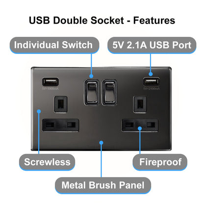 Polished Black Nickel USB Double Wall Plug Socket 2 Gang 13A with 2 USB Charger Port Outlets Plate N776GME - Energy Light Bulbs - Free delivery on all orders