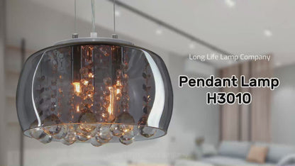 Modern Ceiling Crystal Droplet Pendant Light Smoked Grey Glass Lamp Shade Drum H3010