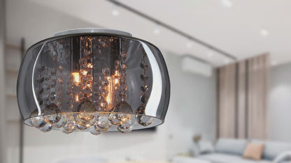 Modern Flush Mount Round Crystal Ceiling Light Smoked Grey Glass Lamp Shade H3073