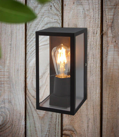 Rectangular Glass Wall Lantern Outdoor Garden Wall Light Black Body Metal Luminaire - Energy Light Bulbs - Free delivery on all orders