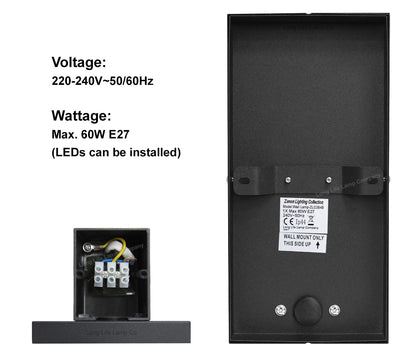 Rectangular Glass Wall Lantern Outdoor Garden Wall Light Black Body Metal Luminaire - Energy Light Bulbs - Free delivery on all orders