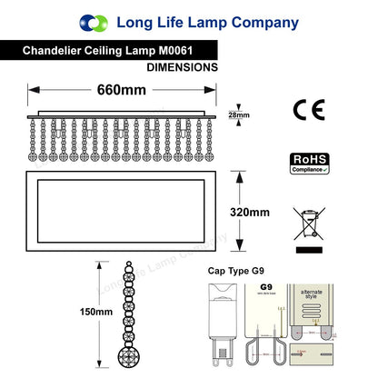 Rectangular Modern Crystal Ceiling Chandelier Droplet Effect Reflective Mirror Base - Energy Light Bulbs - Free delivery on all orders