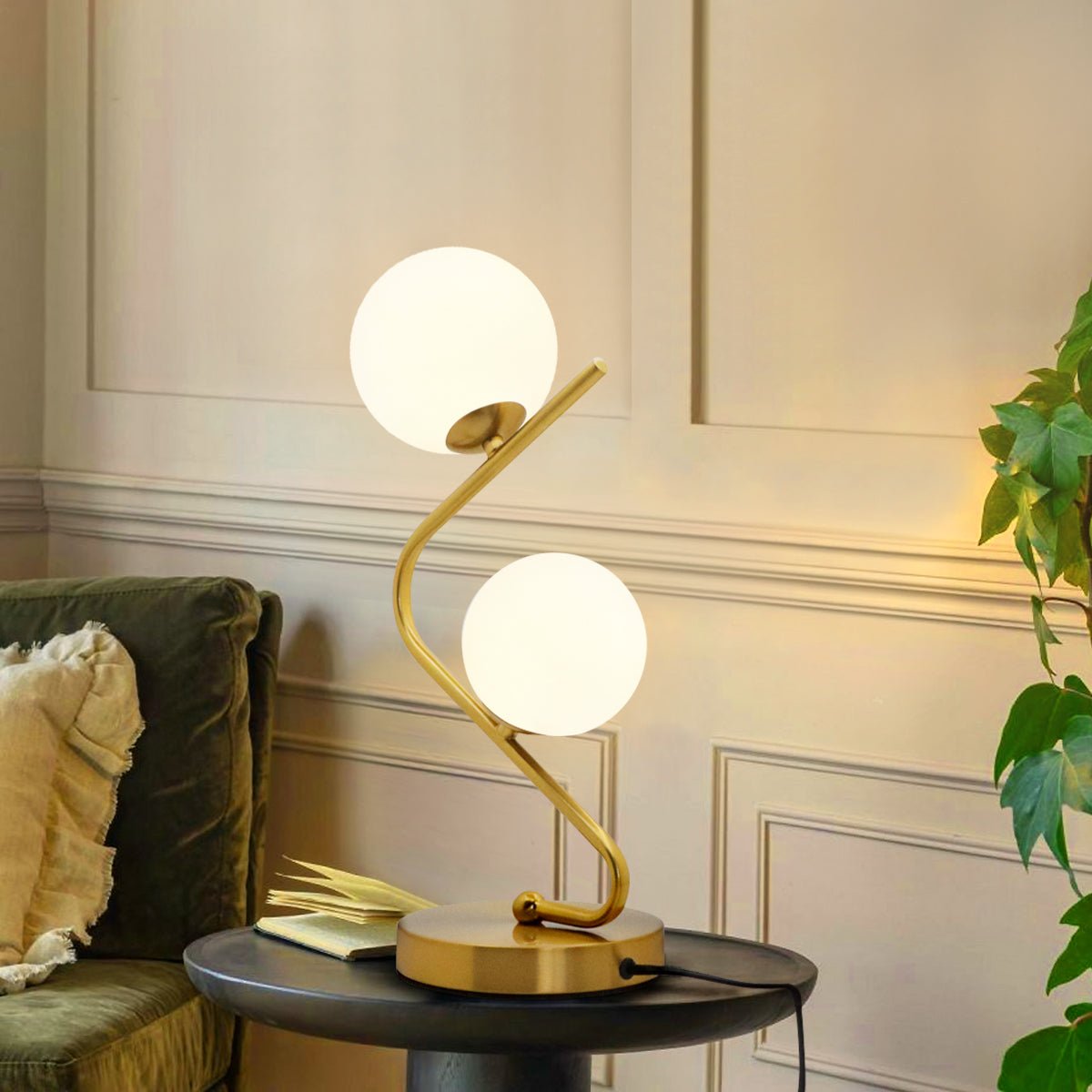 Retro Brass Twin Opaque Frosted Glass Globe Table Lamp - Energy Light Bulbs - Free delivery on all orders