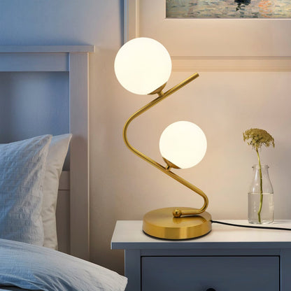 Retro Brass Twin Opaque Frosted Glass Globe Table Lamp - Energy Light Bulbs - Free delivery on all orders