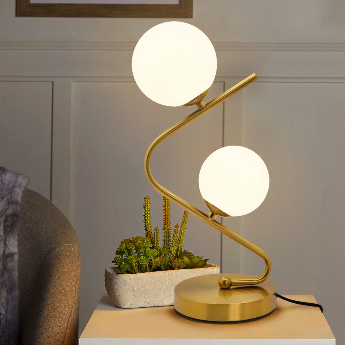 Retro Brass Twin Opaque Frosted Glass Globe Table Lamp - Energy Light Bulbs - Free delivery on all orders
