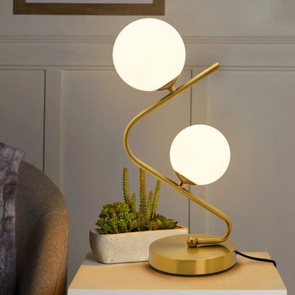 Retro Brass Twin Opaque Frosted Glass Globe Table Lamp - Energy Light Bulbs - Free delivery on all orders