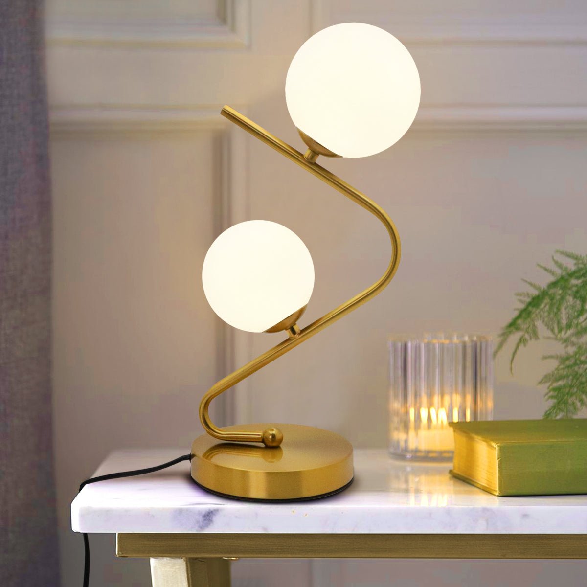 Retro Brass Twin Opaque Frosted Glass Globe Table Lamp - Energy Light Bulbs - Free delivery on all orders