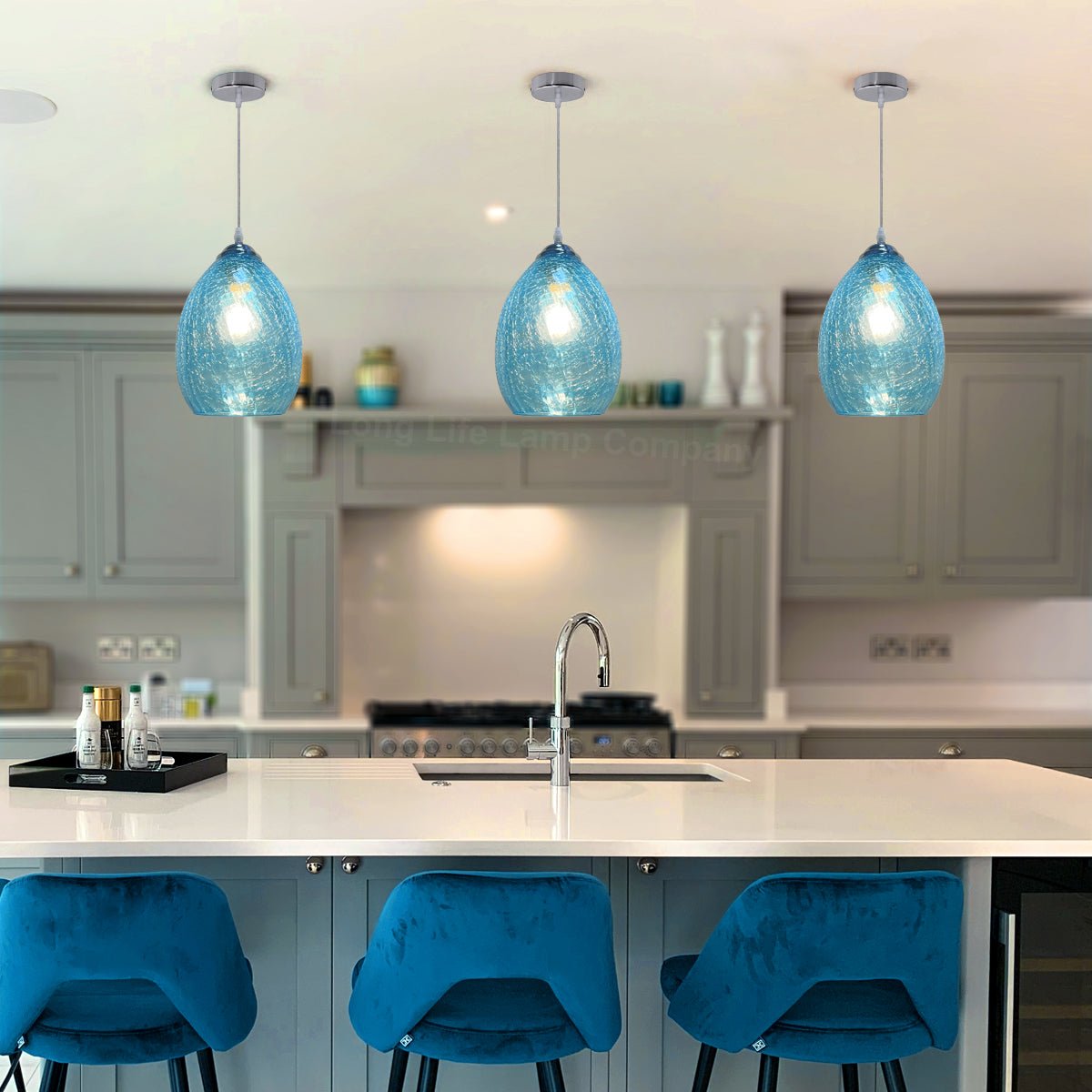 Retro Chrome Ceiling Pendant Light Fixture Blue Cracked Glass Oval Lamp shade - Energy Light Bulbs - Free delivery on all orders