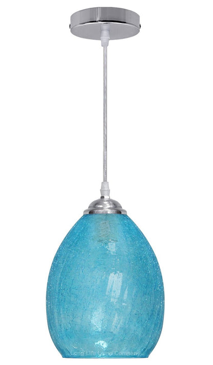 Retro Chrome Ceiling Pendant Light Fixture Blue Cracked Glass Oval Lamp shade - Energy Light Bulbs - Free delivery on all orders