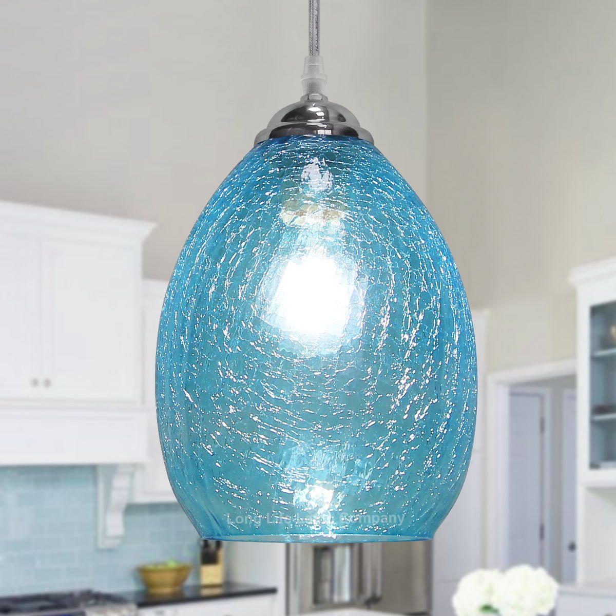 Retro Chrome Ceiling Pendant Light Fixture Blue Cracked Glass Oval Lamp shade - Energy Light Bulbs - Free delivery on all orders