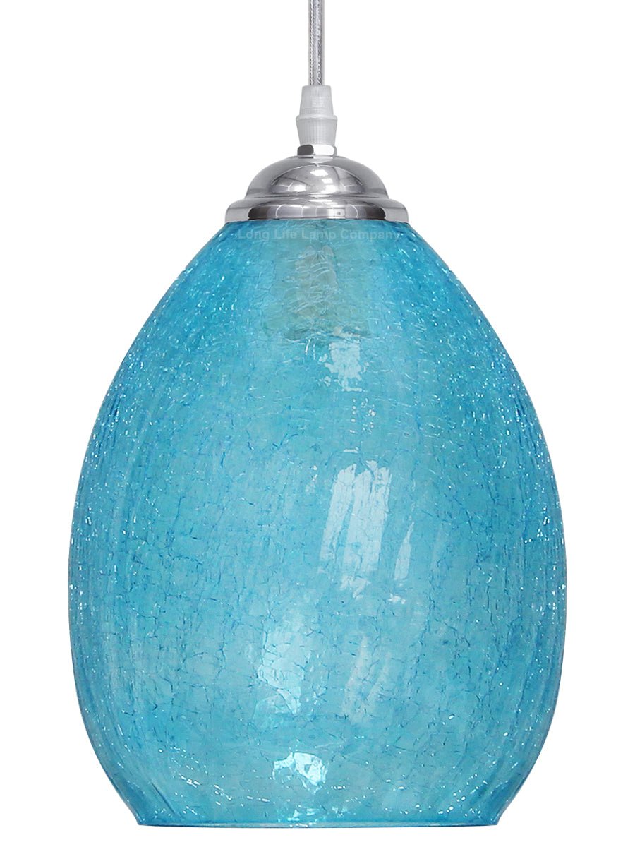 Retro Chrome Ceiling Pendant Light Fixture Blue Cracked Glass Oval Lamp shade - Energy Light Bulbs - Free delivery on all orders