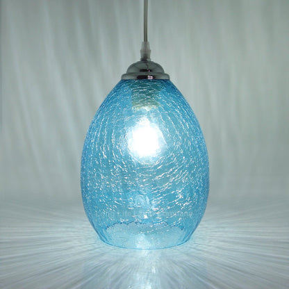 Retro Chrome Ceiling Pendant Light Fixture Blue Cracked Glass Oval Lamp shade - Energy Light Bulbs - Free delivery on all orders