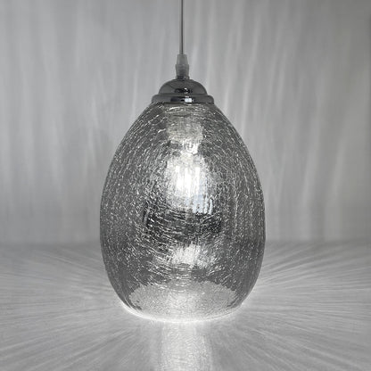 Retro Chrome Ceiling Pendant Light Fixture Grey Cracked Glass Oval Lamp shade - Energy Light Bulbs - Free delivery on all orders