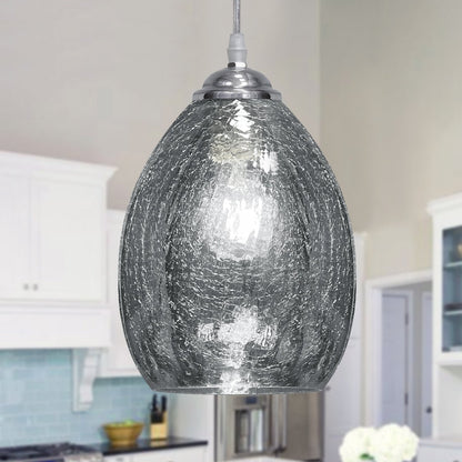 Retro Chrome Ceiling Pendant Light Fixture Grey Cracked Glass Oval Lamp shade - Energy Light Bulbs - Free delivery on all orders