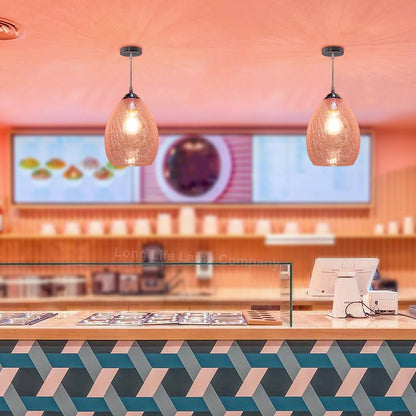 Retro Chrome Ceiling Pendant Light Fixture Pink Cracked Glass Oval Lamp Shade - Energy Light Bulbs - Free delivery on all orders