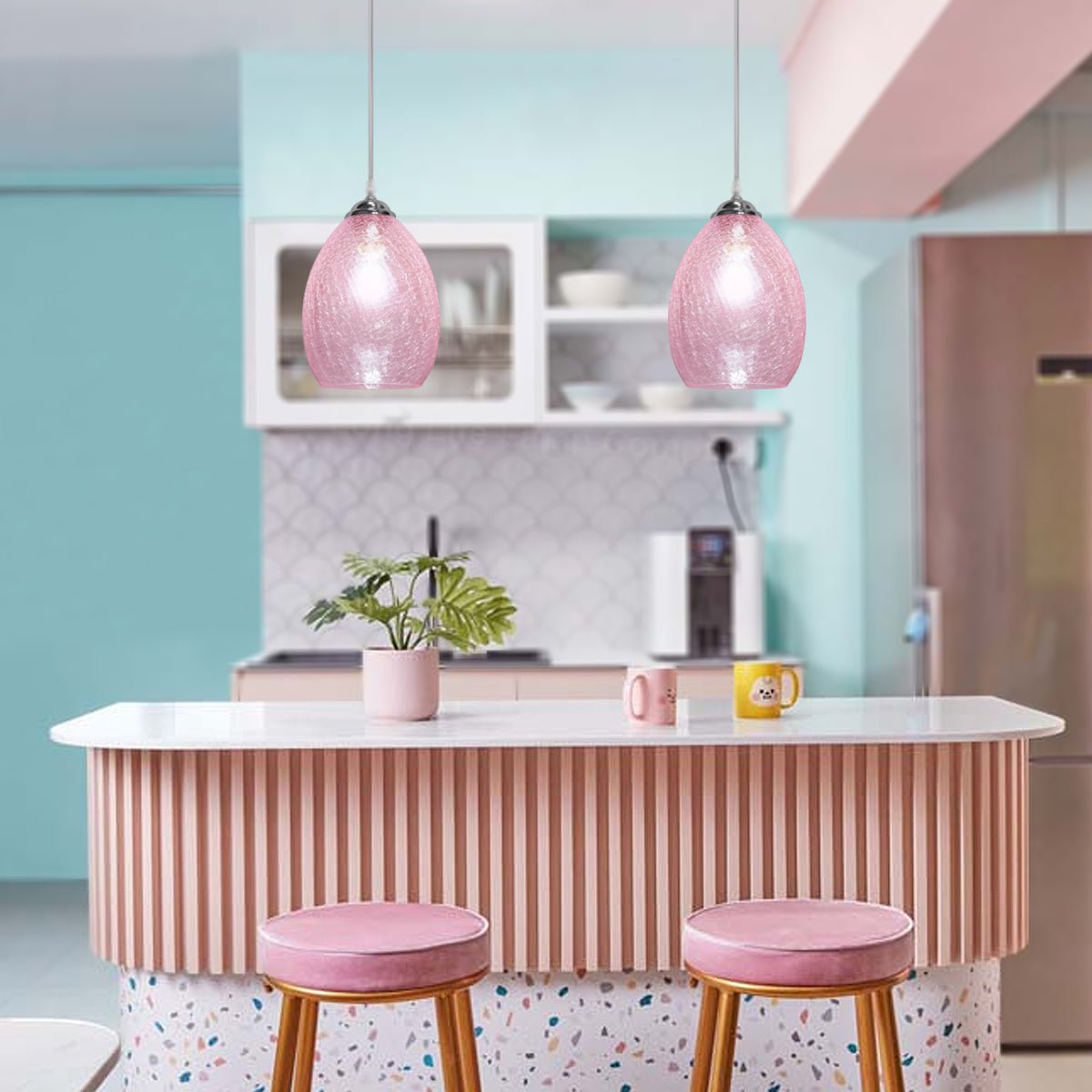 Retro Chrome Ceiling Pendant Light Fixture Pink Cracked Glass Oval Lamp Shade - Energy Light Bulbs - Free delivery on all orders