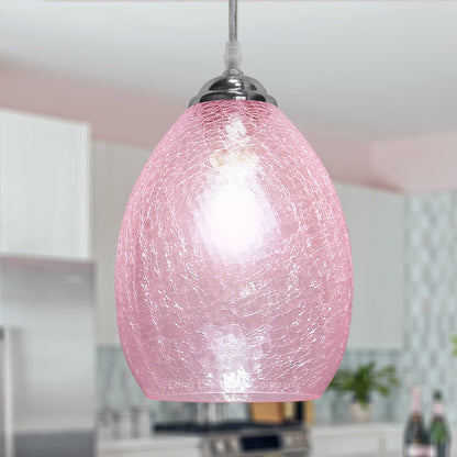 Retro Chrome Ceiling Pendant Light Fixture Pink Cracked Glass Oval Lamp Shade - Energy Light Bulbs - Free delivery on all orders